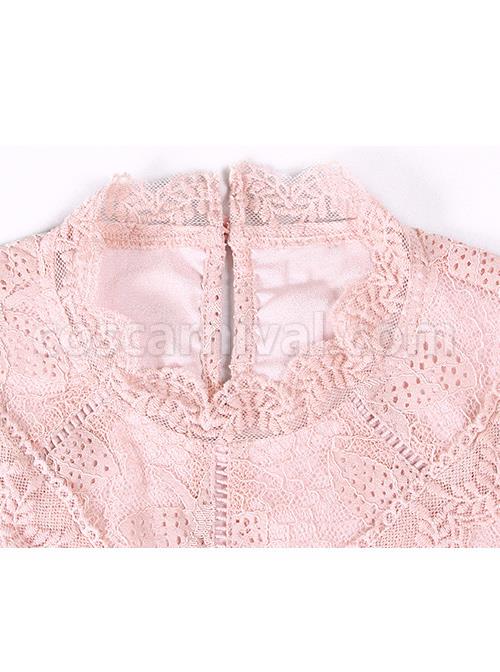 Stand-Collar-High-Waist-Lace-Long-Sleeve-A-line-Dress-coscarnival-4944