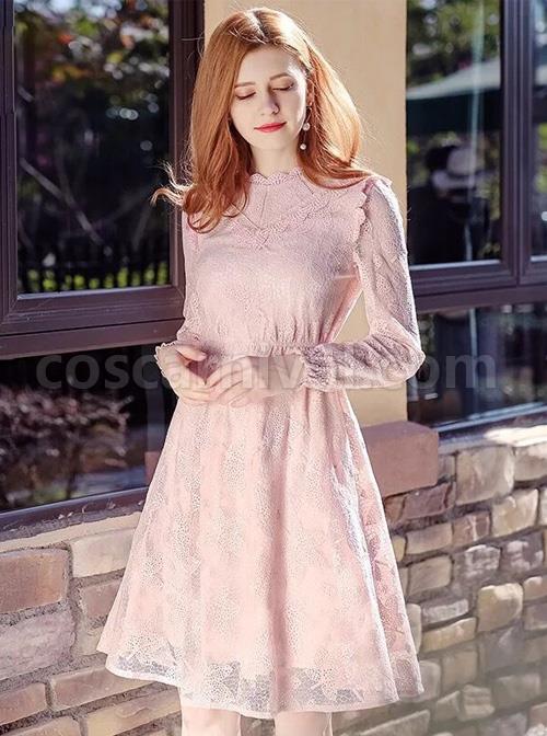 Stand-Collar-High-Waist-Lace-Long-Sleeve-A-line-Dress-coscarnival-4956