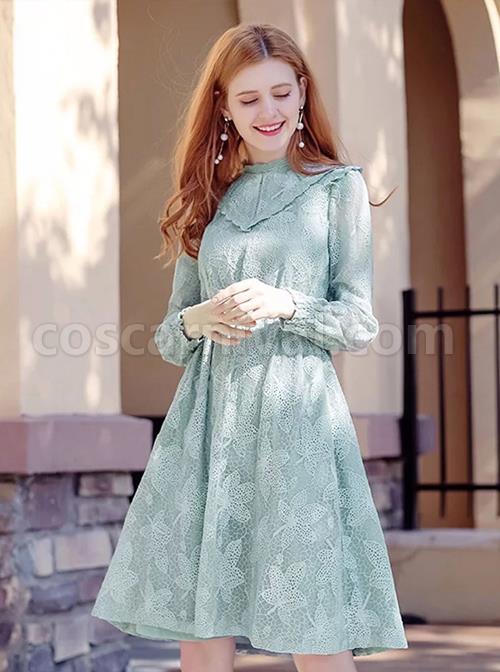 Stand-Collar-High-Waist-Lace-Long-Sleeve-A-line-Dress-coscarnival-4964