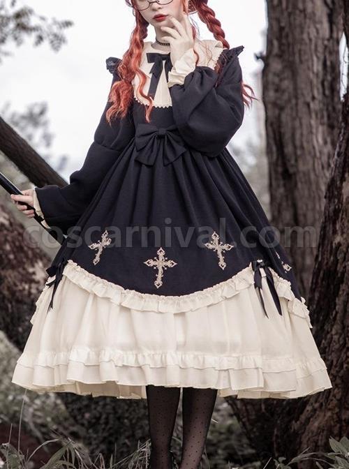 Starry Night Series Round Neck Bowknot Cute Girly Cross Embroidery Ruffle Hem Gothic Lolita Long Sleeve Dress coscarnival
