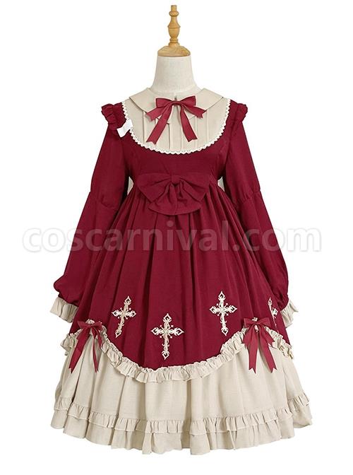 Starry Night Series Round Neck Bowknot Cute Girly Cross Embroidery Ruffle Hem Gothic Lolita Long Sleeve Dress coscarnival