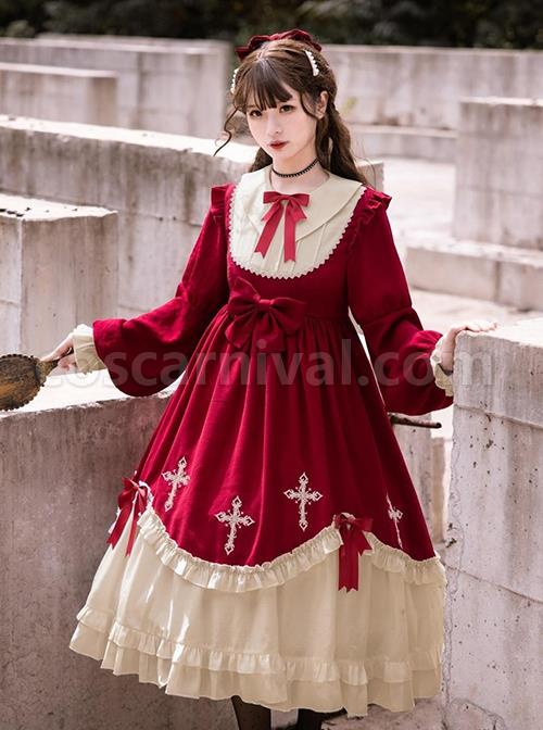Starry Night Series Round Neck Bowknot Cute Girly Cross Embroidery Ruffle Hem Gothic Lolita Long Sleeve Dress coscarnival