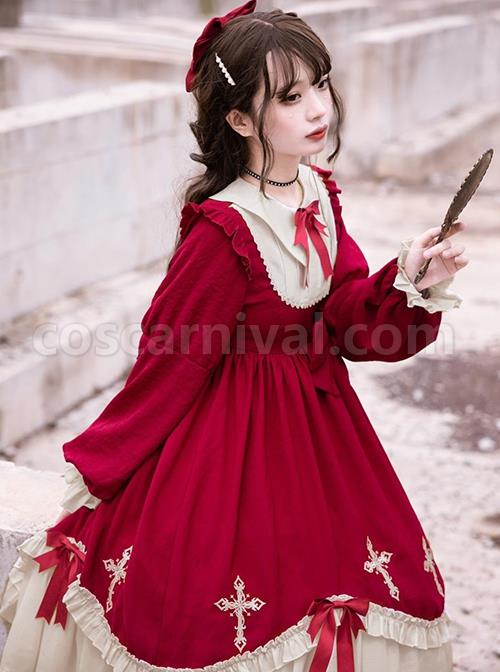 Starry Night Series Round Neck Bowknot Cute Girly Cross Embroidery Ruffle Hem Gothic Lolita Long Sleeve Dress coscarnival