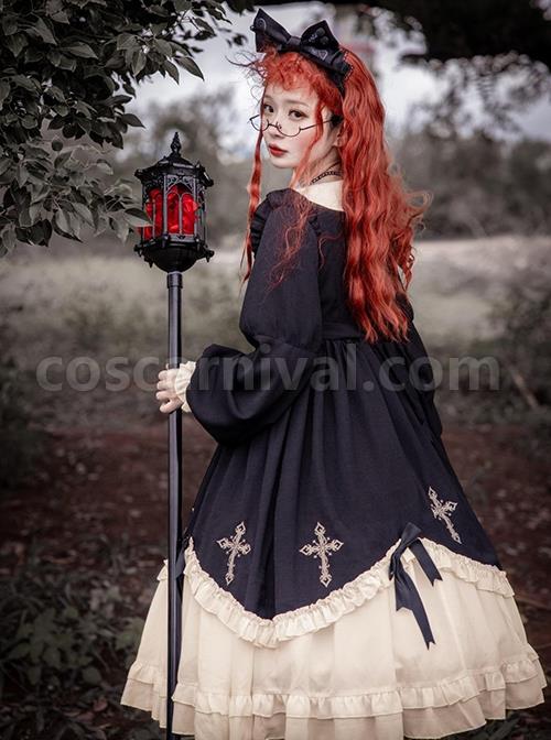 Starry Night Series Round Neck Bowknot Cute Girly Cross Embroidery Ruffle Hem Gothic Lolita Long Sleeve Dress coscarnival