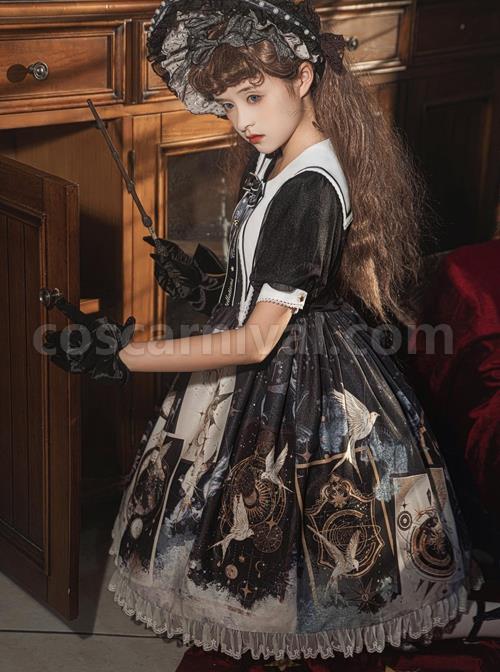 Starry-Sky-Bird-Series-Magical-Girl-Exquisitely-Printed-Preppy-Style-Classic-Lolita-Summer-Short-Sleeved-Dress-coscarnival-2064
