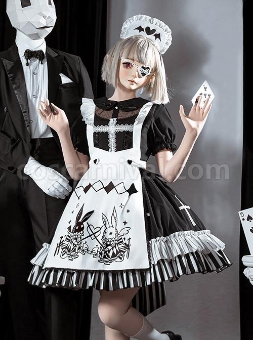 Strange Rabbit Series Cute Maid Style Rabbit Embroidered Apron Striped Hem Gothic Lolita Short Sleeve Dress coscarnival