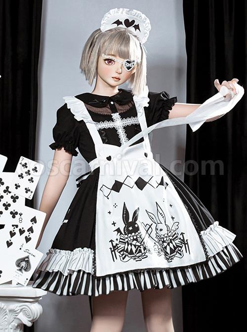 Strange Rabbit Series Cute Maid Style Rabbit Embroidered Apron Striped Hem Gothic Lolita Short Sleeve Dress coscarnival
