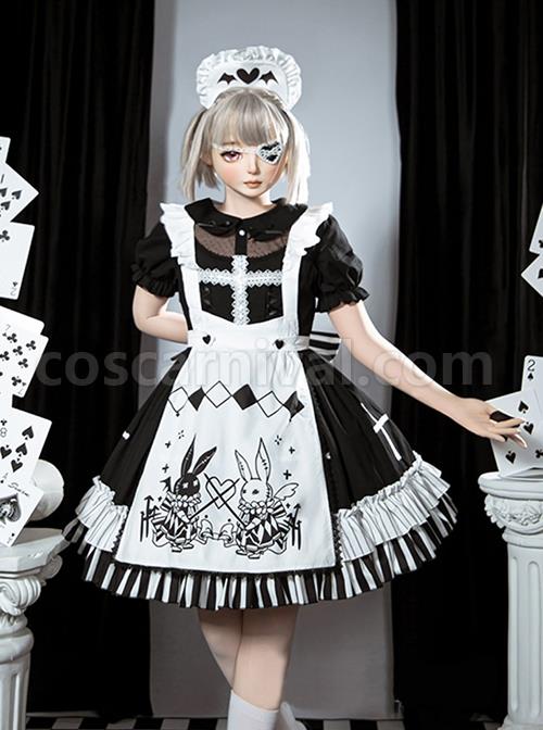 Strange Rabbit Series Cute Maid Style Rabbit Embroidered Apron Striped Hem Gothic Lolita Short Sleeve Dress coscarnival