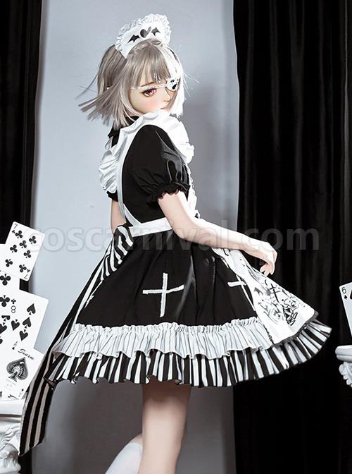 Strange Rabbit Series Cute Maid Style Rabbit Embroidered Apron Striped Hem Gothic Lolita Short Sleeve Dress coscarnival