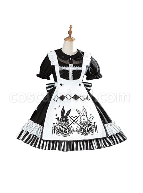 Strange Rabbit Series Cute Maid Style Rabbit Embroidered Apron Striped Hem Gothic Lolita Short Sleeve Dress coscarnival