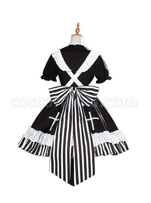Strange Rabbit Series Cute Maid Style Rabbit Embroidered Apron Striped Hem Gothic Lolita Short Sleeve Dress coscarnival