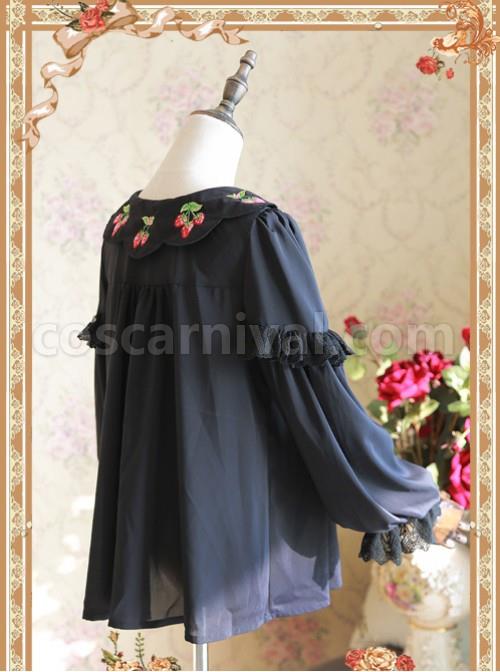 Strawberry Embroidery Series Double-sided Wear Black Chiffon Lolita Long Sleeve Shirt