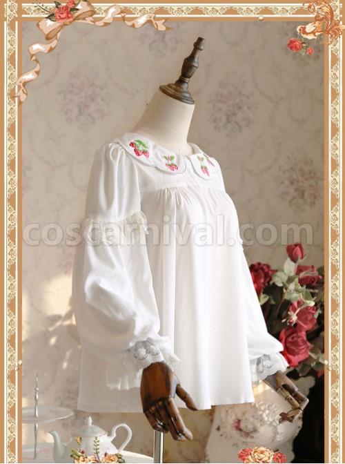 Strawberry Embroidery Series Double-sided Wear White Chiffon Lolita Long Sleeve Shirt coscarnival