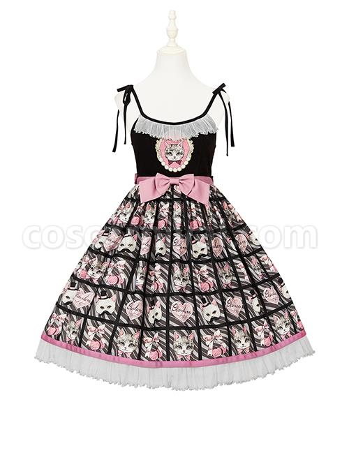 Striped-Cat-Lattice-Print-Bow-Belt-Classic-Lolita-Sleeveless-Dress-coscarnival-2034