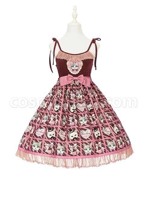 Striped-Cat-Lattice-Print-Bow-Belt-Classic-Lolita-Sleeveless-Dress-coscarnival-2039