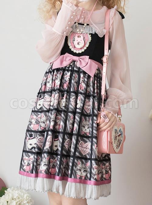 Striped-Cat-Lattice-Print-Bow-Belt-Classic-Lolita-Sleeveless-Dress-coscarnival-2052