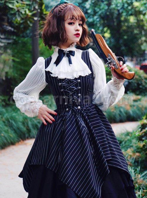 Stripes Sleeveless Bind Strap Gothic Lolita Irregular Hem Dress coscarnival