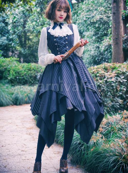 Stripes Sleeveless Bind Strap Gothic Lolita Irregular Hem Dress coscarnival