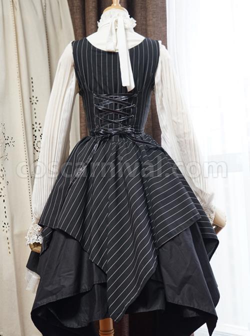Stripes Sleeveless Bind Strap Gothic Lolita Irregular Hem Dress coscarnival