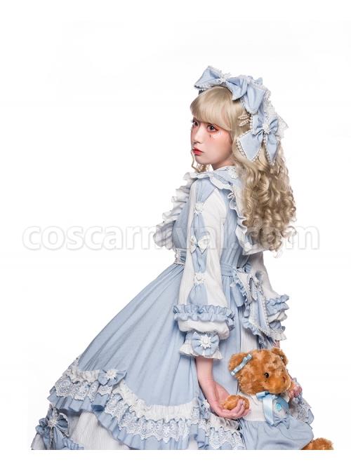 Summer-Ramune-Series-OP-Classic-Lolita-Pleated-Lace-Bow-Flower-Pattern-Button-Decoration-Dress-Set-coscarnival-2051