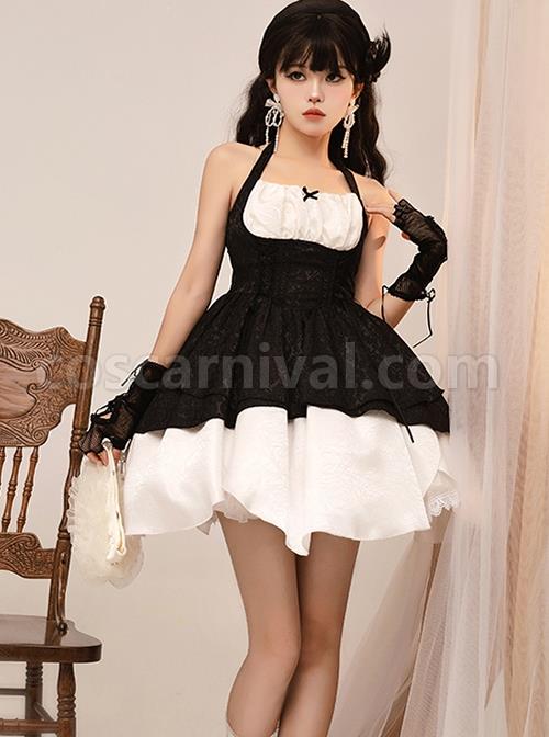 Swan Dirge Series Elegant Jacquard Lace-Up Halterneck Petal Hem Design Gothic Lolita Sleeveless Dress coscarnival