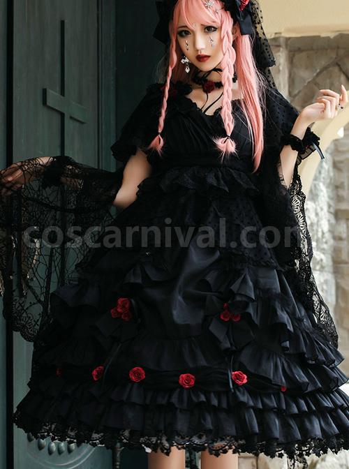 Swan Lake Series Lace Gothic Lolita Short Sleeve Dress coscarnival