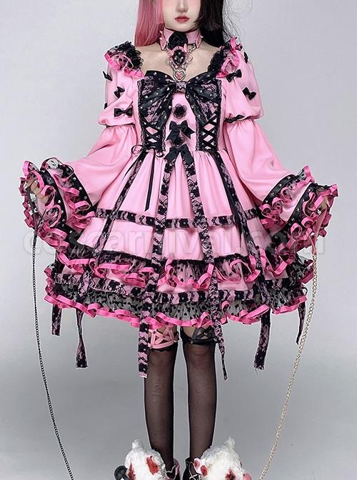 Sweet-Cool-Punk-Style-Black-Lace-Jacquard-Embroidery-Pleated-Ribbon-Bow-Decorated-Classic-Lolita-Trumpet-Sleeve-Dress-coscarnival-4917