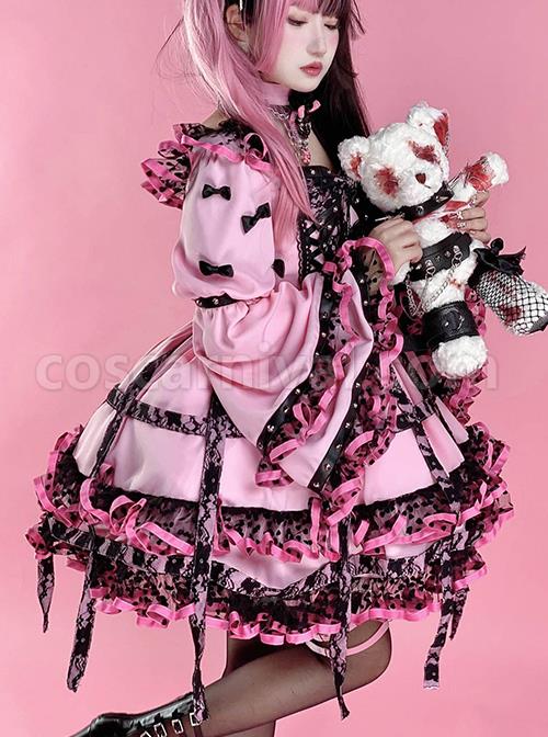 Sweet-Cool-Punk-Style-Black-Lace-Jacquard-Embroidery-Pleated-Ribbon-Bow-Decorated-Classic-Lolita-Trumpet-Sleeve-Dress-coscarnival-4920