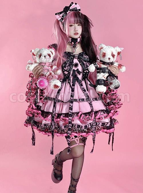 Sweet-Cool-Punk-Style-Black-Lace-Jacquard-Embroidery-Pleated-Ribbon-Bow-Decorated-Classic-Lolita-Trumpet-Sleeve-Dress-coscarnival-4922