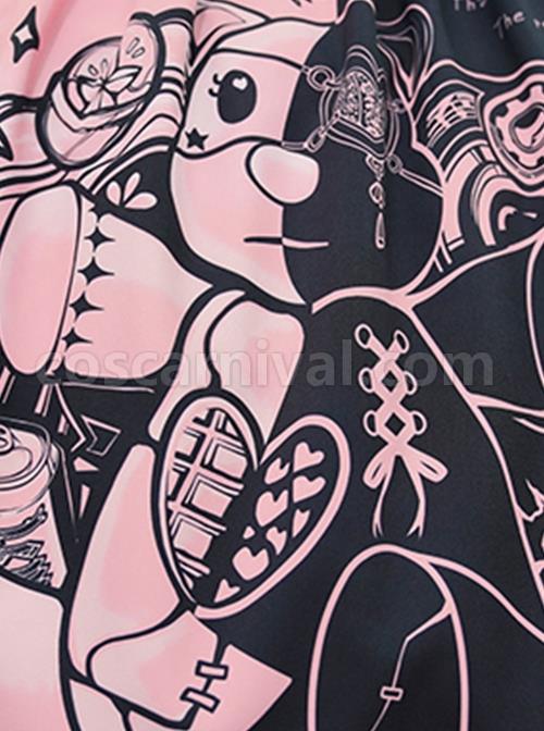 Sweet Cool Style Stand Collar PU Long-Sleeved Short Coat Black Powder Color Matching Bear Doll Print Gothic Lolita Sleeveless Dress Set coscarnival