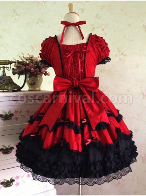 Sweet Short Sleeves Red And Black Lace Cotton Lolita Dress coscarnival