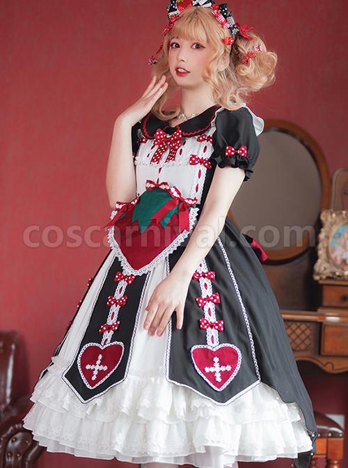 Sweet-Strawberry-Shaped-Waist-Decoration-Polka-Dot-Bow-Knots-Split-Hem-Classic-Lolita-Short-Sleeve-Dress-coscarnival-2017