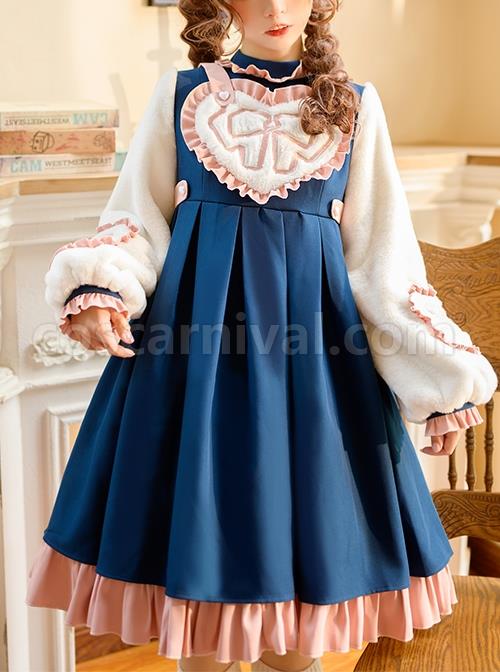 Sweetheart-Knot-Series-OP-Dark-Blue-Folds-Plush-Heart-Shape-Bow-Pattern-Classic-Lolita-Lantern-Long-Sleeve-Dress-coscarnival-1999