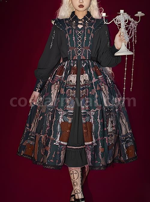 Tarot Series Retro Palace Style Elegant Cla System Gothic Lolita Tarot Printed Sleeveless Dress Embroidery Lantern Sleeve Long-Sleeved Shirt Suit coscarnival