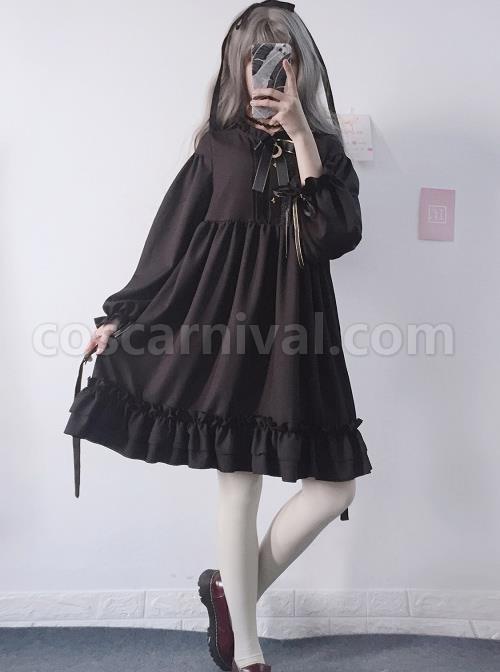 The Castle Under The Moonlight Pure Black Gothic Lolita Long Sleeve Dress coscarnival