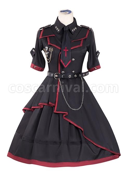 The Loser Of The Army Eats Dust Series OP Military Style Gothic Lolita Metal Belt Decoration Short Sleeve Dress Set coscarnival