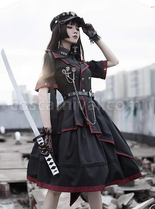 The Loser Of The Army Eats Dust Series OP Military Style Gothic Lolita Metal Belt Decoration Short Sleeve Dress Set coscarnival