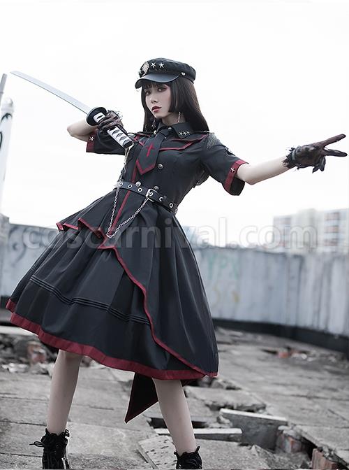 The Loser Of The Army Eats Dust Series OP Military Style Gothic Lolita Metal Belt Decoration Short Sleeve Dress Set coscarnival