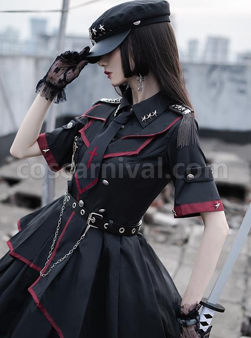 The Loser Of The Army Eats Dust Series OP Military Style Gothic Lolita Metal Belt Decoration Short Sleeve Dress Set coscarnival