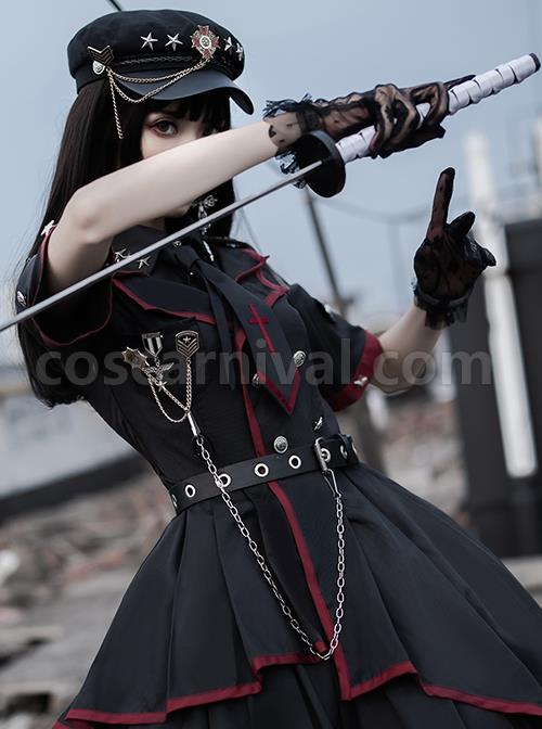 The Loser Of The Army Eats Dust Series OP Military Style Gothic Lolita Metal Belt Decoration Short Sleeve Dress Set coscarnival
