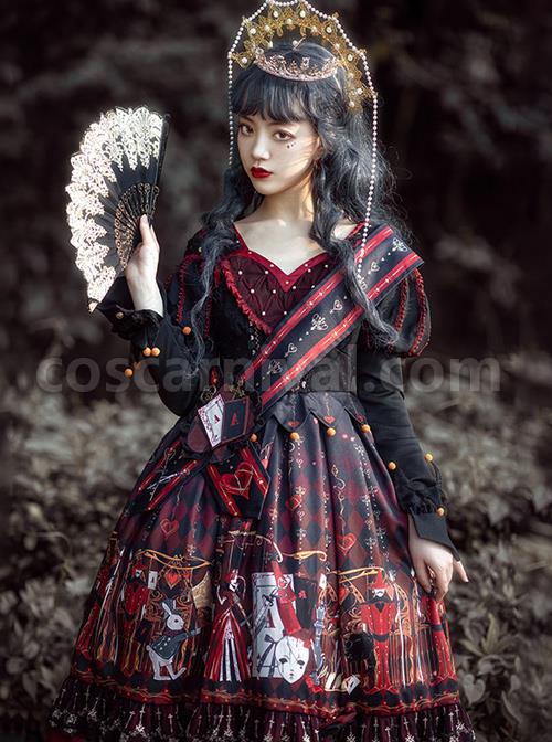 The Queen Of Hearts Series OP Gothic Lolita Printing Long Sleeve Dress coscarnival