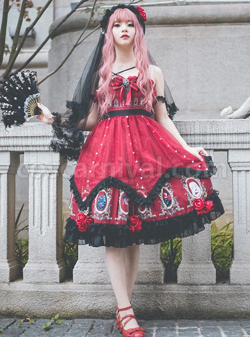 The Split Love Series Rose Gothic Lolita Red Sling Dress coscarnival