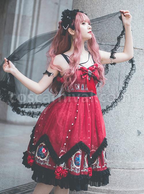 The Split Love Series Rose Gothic Lolita Red Sling Dress coscarnival