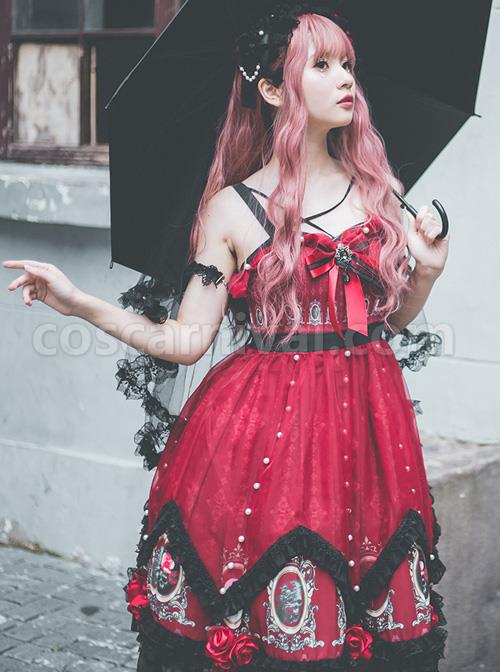 The Split Love Series Rose Gothic Lolita Red Sling Dress coscarnival