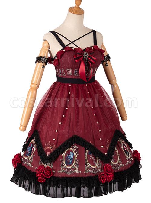 The Split Love Series Rose Gothic Lolita Red Sling Dress coscarnival