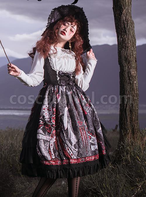 The Witch Image Series JSK Darkness Style Printing Small High Waist Side Placket Halloween Gothic Lolita Sling Dress coscarnival
