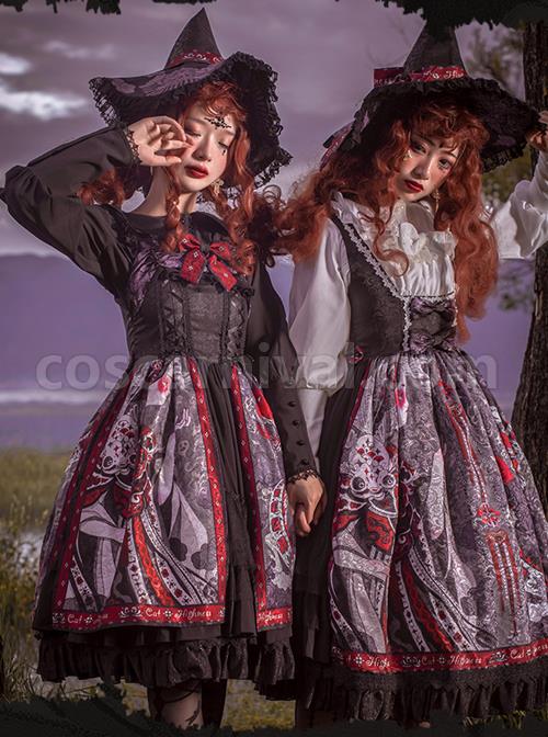 The Witch Image Series JSK Darkness Style Printing Small High Waist Side Placket Halloween Gothic Lolita Sling Dress coscarnival