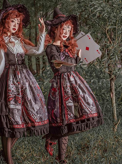 The Witch Image Series JSK Darkness Style Printing Small High Waist Side Placket Halloween Gothic Lolita Sling Dress coscarnival