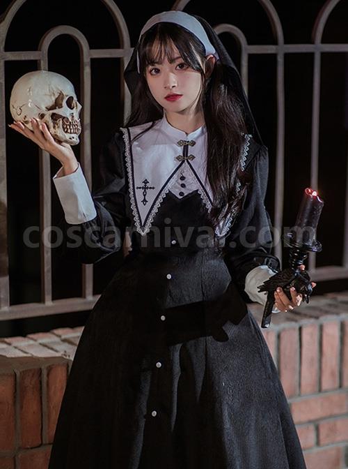 Twilight Prayer Series Nun Style False Collar Detachable Early Spring Retro Lantern Sleeve Gothic Lolita Long Sleeve Dress coscarnival