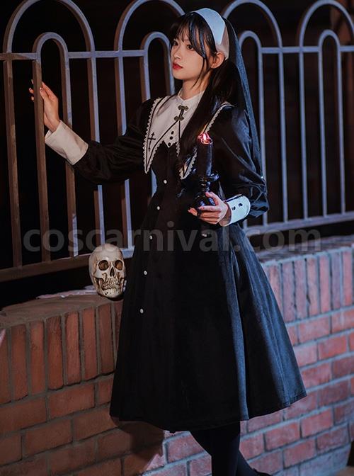 Twilight Prayer Series Nun Style False Collar Detachable Early Spring Retro Lantern Sleeve Gothic Lolita Long Sleeve Dress coscarnival
